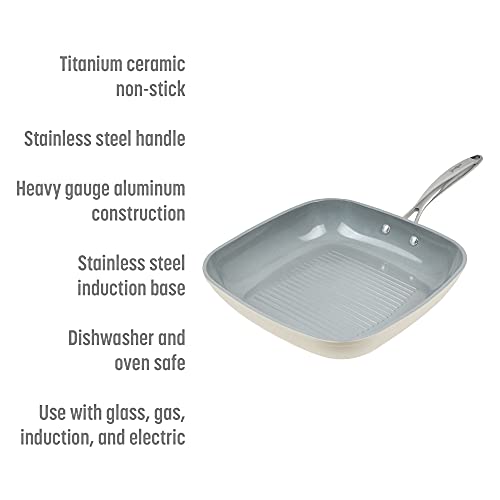 Goodful Ceramic Nonstick 11 Inch Grill Pan, Dishwasher Safe Pots And Pans, Comfort Grip Stainless Steel Handle, Made Without Pfoa, Griddle, Cream #TOP1