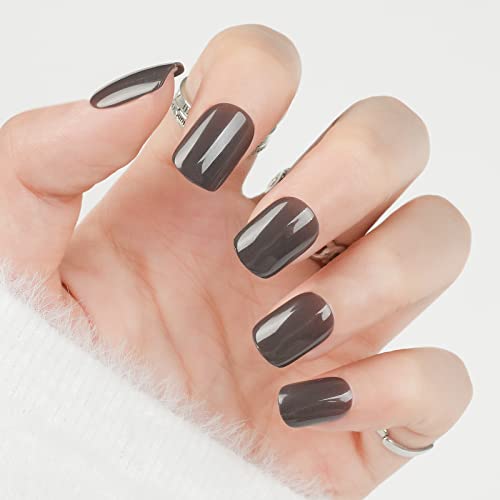 Square Press On Nails Short, Jofay Fashion Solid Color False Nails With Glue, Acrylic Nails Comfortable & Natural Fake Nails, Stick On Nails Glue On Nails For Women Girls Gift, 24Pcs, Coffee Brown #TOP27