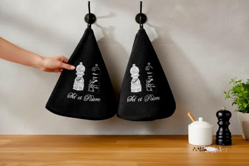 Lot de 2 Torchons Essuie Mains Sel et Poivre - Essuie Mains Cuisine Rond avec Attache - Motifs Brodés - 100% Coton - Ø 65 cm de diamètre - Lavable en...