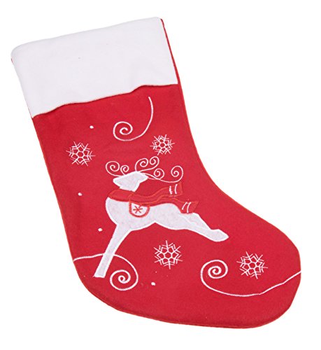 Plush Reindeer Christmas Stocking by Clever Creations | Embroidered Snowflake Design | Red and White Theme | Fur Cuff Detail | Soft Felted Material | Festive Holiday Décor | Measures 16