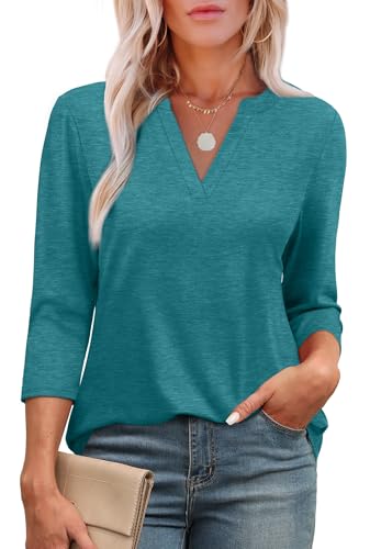 OFEEFAN 3/4 Length Sleeve Womens Tops V Neck Tunic Shirts Loose Curved Hem Blouses Dressy Casual Turquoise L