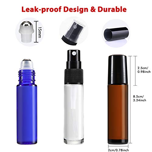 Glass Roller Bottles,24 Pack 10ml Roller Bottles for Essential Oils with Stainless Steel Roller Balls and Glass Spray Bottle(24 Pieces Labels, 3 Dropper, 6 Extra Roller Balls, 2 Bottle Opener)