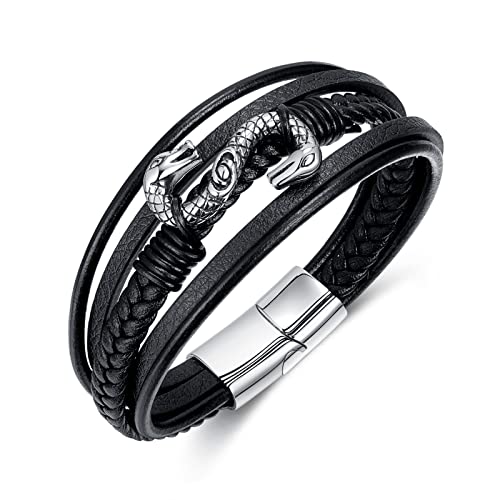 Rockyu Men's Black Leather and Stainless Steel Dragon Bracelet 210mm Length 11mm Width Edgy Design Fashion Jewelry