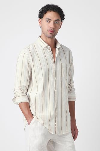 Image of Peter England Men's Linen Blend Shirt | Subtle Stripes | Full Sleeves