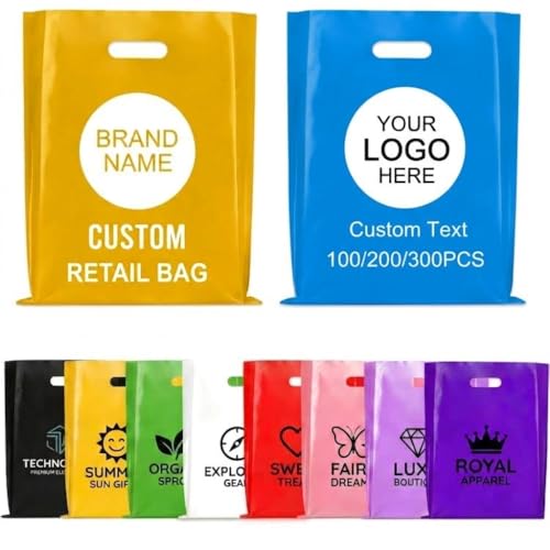 Solarix Personalized Printed Plastic Shopping Bags, Custom With Logo, Bulk Pack 50-1000PCS, Multiple Sizes, For Retail, Boutiques, Shops, Supermarkets And Party Events