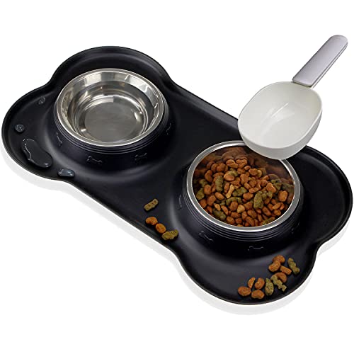 POOKIE 犬 猫 ペット用 フードボウル 食事マット 給餌 マット シリコン製 撥水 丸洗い 餌皿 エサ皿 水飲み 給水 食器 ステンレス えさ入れ フード スコップ 付き (XL, ブラック)