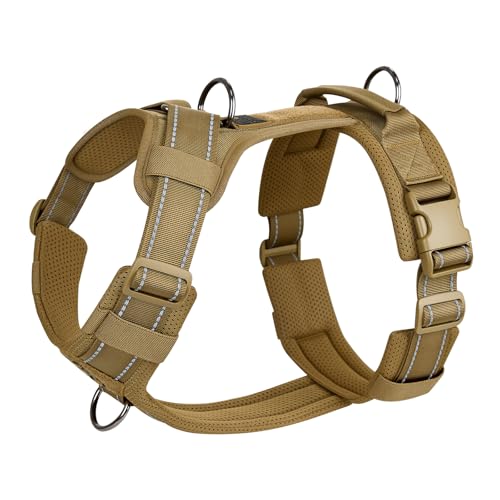 OneTigris Hundegeschirr, Diesel Einstellbar Taktisches Geschirr Weich Gepolstert Brustgeschirr für mittelgroße und große Hunde mit Reflektierend, 1 Griff, 3 D-Ringe (Braun, M)