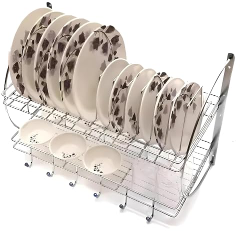 Image of Premium Stainless Steel 2-Tier Wall Mounted Kitchen Dish Drainer Rack - Plate, Cup, Cutlery & Glass Holder | Space-Saving Utensil Storage Organizer for Crockery