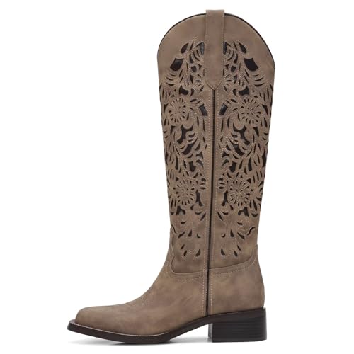 Cowboy boots for women knee high Boots Cut Out Floral Embroidered Low Block Heel Pull On Cowgirl Boots Square Toe Tall Western Boots2