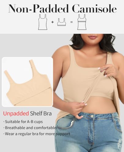 Image of V FOR CITY Plus Size Tank Top for Women with Non-Padded Shelf Bra Adjustable Wide Strap Camisole Cotton Udershirts 1X-5X