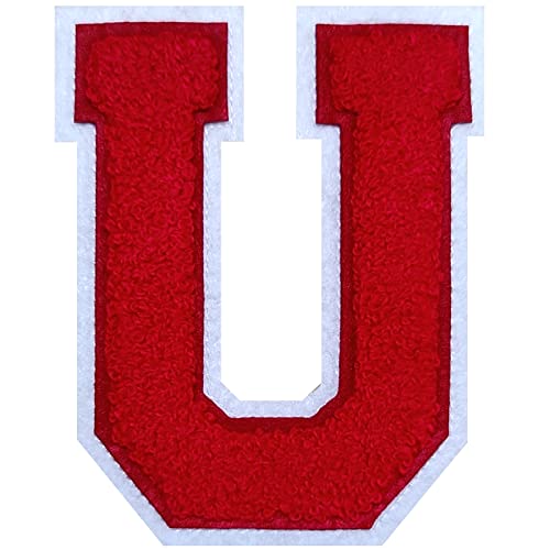 2Pcs Chenille Letter, 2.5" Iron on Letters Patches, Chenille Stitch Varsity Letter Patches for Clothing (Red/White 2-1/2, U)