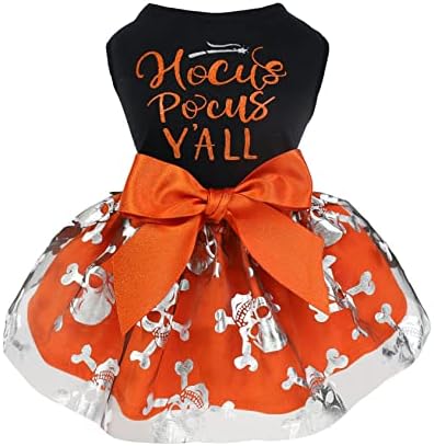 Fitwarm Hocus Pocus Y’All Funny Dog Halloween Tulle Dress, Holiday Dog Clothes for Small Dogs Girl, Funny Pirate Skull Pet Costume, Witch Cat Outfit, Orange, Black, XXS