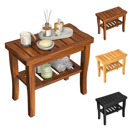 Teak Wood Shower Bench Stool with Storage Shelf, Wooden Waterproof Bathroom Spa Bathing Teak Shower Stool with Non-Slip Feet Gadget 2024 for Indoor or Outdoor Shower Chair Seat Organizer by Greenual - Image 9
