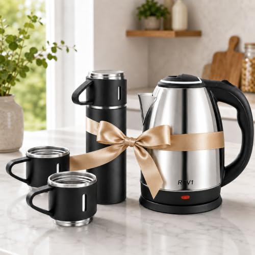 Image of Stainless Steel Combo Set | 1.8 L Electric Kettle, 500 ML Flask & 3 Mugs | 5-Piece Hot Beverage Set for Home, Office, Travel & Gifting