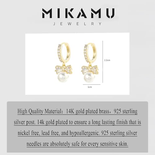 MIKAMU 14K Gold Ribbon Bow Stud Hoop Earrings for Women CZ cubic zirconia Dainty Gold Plated Pearl Earring for Women Jewelry2