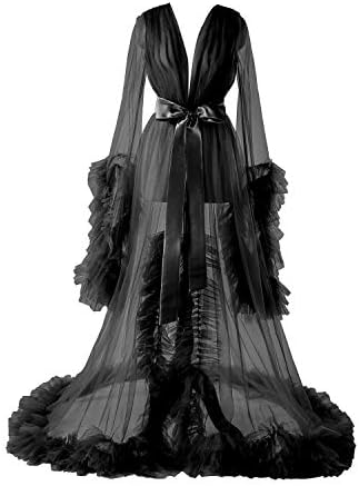 FangJian Black Bridal Robes for Women Illusion Wedding Scarf Tulle Lingerie Maternity Bathrobe Photoshoot Sleepwear