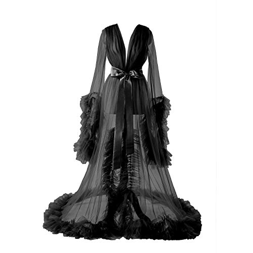 Fangjian Black Bridal Robes For Women Illusion Wedding Scarf Tulle Lingerie Maternity Bathrobe Photoshoot Sleepwear #TOP3