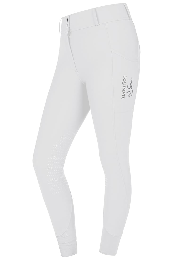 Equinate Romy - Pantalones de equitación para mujer con ribete en las rodillas, bolsillos para teléfono móvil y aplicaciones con purpurina, transpirables, elásticos, antideslizantes