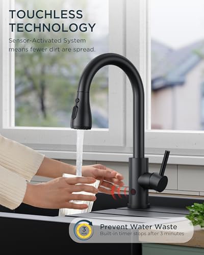 image for FORIOUS Touchless Kitchen Faucet with Pull Down Sprayer, Black Hands-F