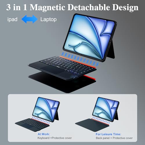 Image of WIWU for iPad Keyboard Case Air 11 Inch M4 /M3 /M2 11th /10th Gen 3 in 1 Magnetic Detachable Case Keyboard Adjustable Stand Backlit Keys Touchpad (Black, For iPad 11 /10 /Air 5 /4 /11 inch(M2 /M3) Pro 11 inch4 /3 /2 /1)