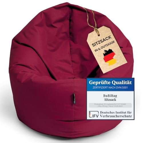 BuBiBag 2in1 Sitzsack L - XXL mit Füllung für Kinder & Erwachsene Gaming Beanbag & Bodenkissen für Indoor & Outdoor Sessel Pflegeleicht & Wasserabweisend M BIS 6 Jahre (Ø 85 cm Weinrot)