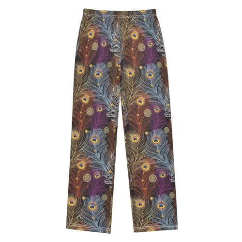 Golden Peacock Feather Print Boys Long Pants Soft Trousers Elastic Waist Kids Lounge Bottoms with Pockets S-XL