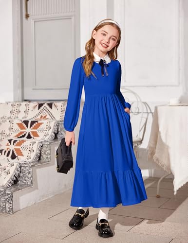 Image of Arshiner Girls Maxi Dresses Lantern Long Sleeve Casual Holiday Dress with Pockets for 5-14 Y