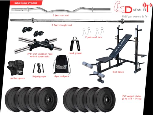 Image of DREAM FIT PVC Home Gym Set - 24 Kg with 8in1 Gym Bench, 3 ft Curling Rod, 5 ft Straight Rod, 1 Pair Dumbbell rods and Gym Accessories (24kg)