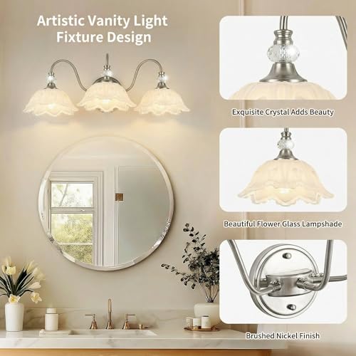 Image of Brushed Nickel 3-Light Bathroom Vanity Light with Floral White Glass Shades, Brushed Nickel Wall Mount Lighting for Bathroom, Dressing Table