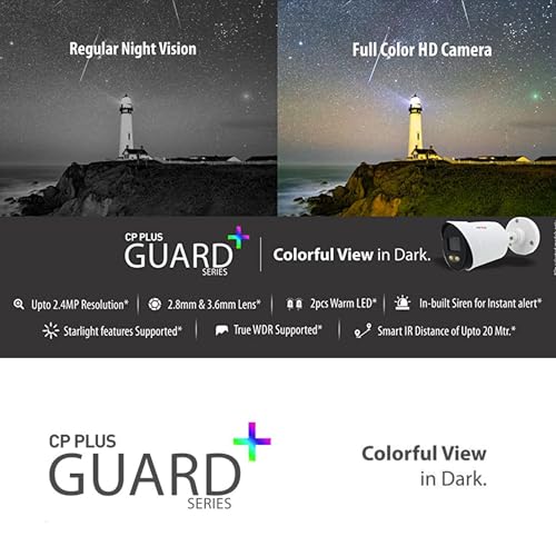 Image of CP Plus Guard+ 2.4MP Bullet Camera [Color Night Vision + Built-in MIC Audio + 24 /7 Full Color + Motion Detection] Hybrid 4in1 Switch for TVI /CVI /AHD /CVBS, Water & Dust Proof IP67 [New Version]