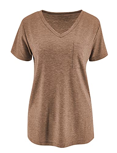 Sunborui Women's Summer Short Sleeve V Neck T Shirts Pocket Solid Loose Casual Tee Tops (Brown, Medium) #TOP3