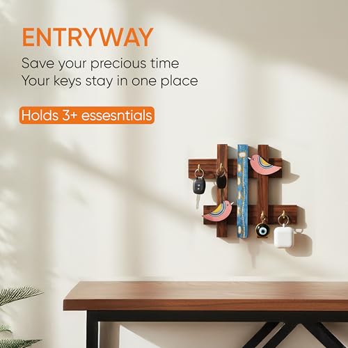 Image of AAKRITI ART CREATIONS Key Holder, Birds of Love Key Hanger | Rustic Teak Wood Wall Organizer with 4 Hooks | New Home Gifts | Multifunctional Entryway Decor Item