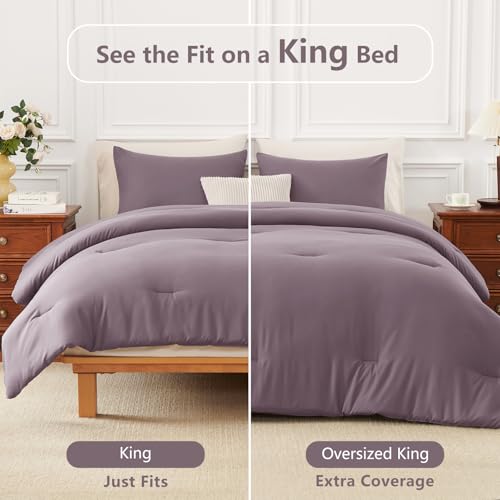 Image of HIMEET King Size Comforter Set, 3 Pieces with 2 Pillowcases, Dusty Purple | 270GSM Down Alternative Fill, Oeko-TEX Certified, 8 Corner Ties Quilted, All Season, Fluffy Bed Set, Bedroom Decor Bedding
