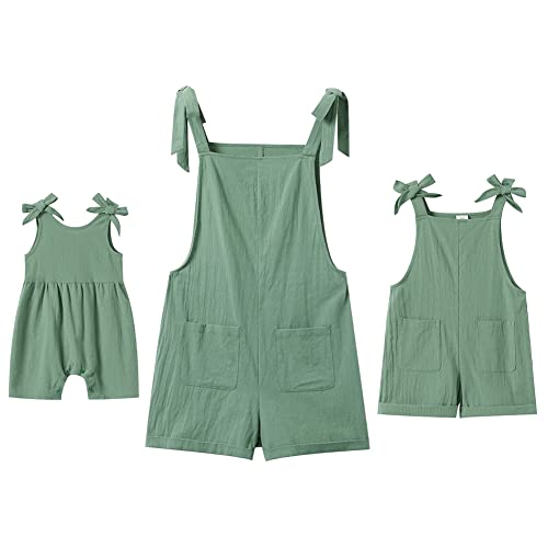 AWIBMK Mommy and Me Dresses Outfits Solid Color Family Matching Romper Shorts Jumpsuit Overall Bowknot Decor Sleeveless Spaghetti Straps Summer Casual Clothes for Mother and Daughter Green 2 Years