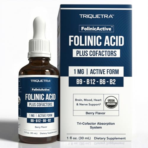 FolinicActive Organic Folinic Acid Liquid Drops for Brain Heart Nerve & Mood Support - 1700 mcg with B12 B6 & Riboflavin B2 - Tri-Cofactor Absorption System -Berry Flavor Drops 1fl oz-60 Servings
