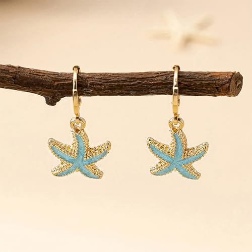 Boho Starfish Sea Star Shell Enamel Dangle Hoop Earrings for Women, Trendy Gold Plated Dripping Oil Drop Huggie Earrings Hawaii Vocation Beach Party Ear Jewelry Gift3
