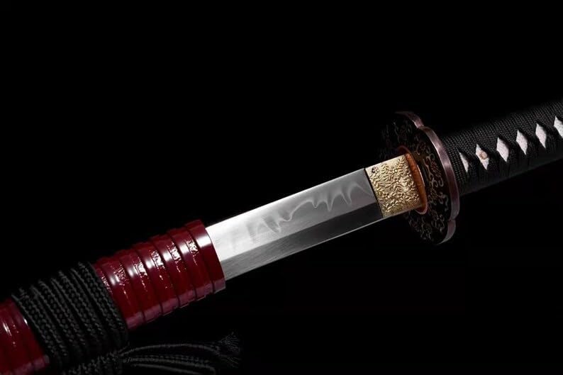 Miniatura 8 de Espada samurái japonesa Katana hecha a mano con arcilla T10 de acero templado y espada de latón Haemanthus Tsuba y madera Saya para pasatiempo