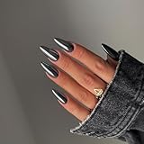 Smoky Grey Chrome Press on Nails Medium Almond, KQueenest Mirror Metal Stiletto Fake Acrylic Nails with Bling Design, Black Glue on Nails for Daily Party Wear, False Nails Press ons in 24 PCS