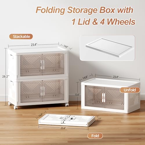 Storage Bins with Lid 76QT, Stackable Storage Containers with Wheels and Magnetic Doors, Plastic Clothes Closet Organizers and Storage Box for Pantry, Home and Office(2 Pack)