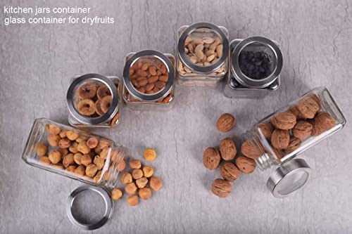 Image of PRAMUKH FASHION Glass Square Shape Transparent Glass Jars & Glass containers for kitchen Pantry, Snacks, Masala, Pickles, Dry Fruits, Coffee Beans Storage Steel See Through Lid (2, 1000 ML CUBE JAR)