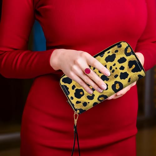 Women's Card Holder Wristlet Wallet, Convenient Travel Long Wallet with Strap and Pink Compact Mirror, Fashion and Sturdy Wristlet Long Purse for Women, Yellow Leopard Print2
