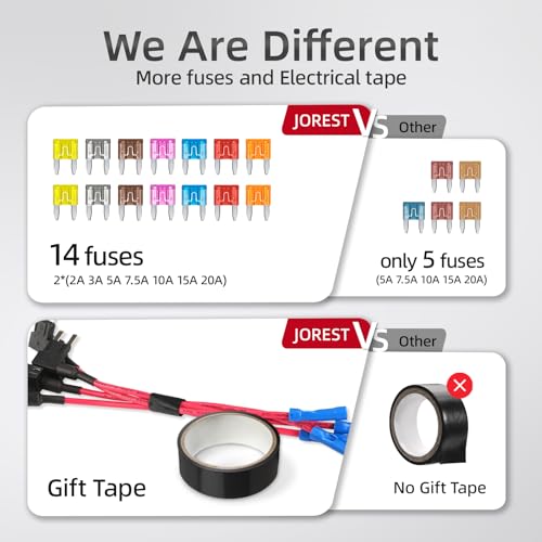 JOREST 4Pcs Stromdieb KFZ Sicherung, Stromdibe kfz Sicherungshalter 12v, Piggyback Stromdiebe Sicherungsadapter,mit 14Pcs(2A 3A 5A 7.5A 10A 15A 20A) mini Sicherungen