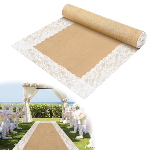 Yudlto 20 Ft x 40 Inch Natural Burlap Wedding Aisle Runner Rustic Jute Carpet Roll with Lace for Ceremony Beach Garden Church Reception Decor