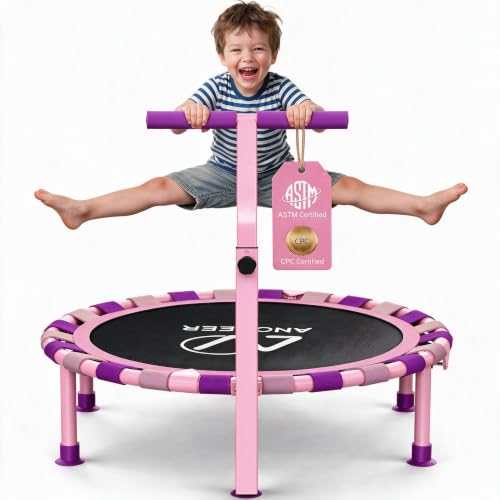 Image of ANCHEER 38 inch Toddler Trampoline for Kids, ASTM Certified Foldable Mini Trampoline with Adjustable Foam Handle, Indoor & Outdoor Kids Trampoline, Quiet Design, 200 LBS Capacity, Easy Assembly