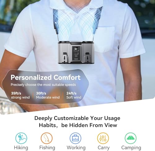 Image of Doublepow 24000mAh Portable Waist Fan, Personal Fan, Dual Air Ducts Motors, Rechargeable Clip On Belt for Working, 10 Speeds 45H Wearable Neck Cooling, for Outdoor Work, Travel, Power Outage (Gray)