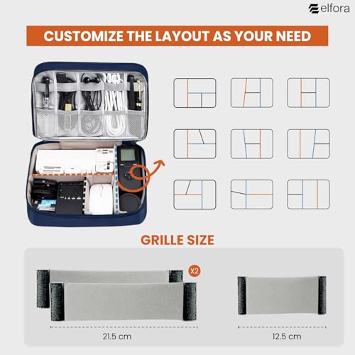 Image of Elfora Electronics Cable Organizer Bag | Portable Travel Accessory Case for Cables, Charger, Phone, Cords & Earphones | Single Compartment Storage Pouch with Mesh Pockets and Handle Carry Strap (Blue)