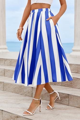 Image of Cicy Bell Womens Summer Striped Maxi Skirts A-Line Beach Vacation Outfits | Elastic Waist, Side Pockets, Flowy, Midi Length, Color Contrast, Trendy Casual