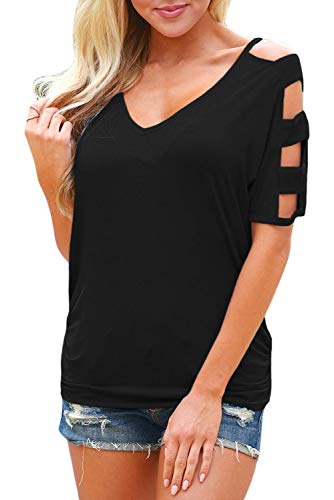 HOTAPEI Women's V Neck T Shirts Casual Loose Cold Shouler Tops and Blouses Black Large