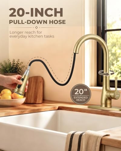 Image of WEWE Brushed Gold Kitchen Faucet with Pull Down Sprayer, Champagne Bronze Copper Single Handle Single Hole Kitchen Sink Faucet
