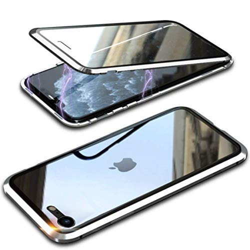 Kepos Coque pour iPhone SE 2022/iPhone SE 2020/iPhone 8 4.7'',360 Degrés Antichoc,Adsorption Magnétique Housse,Avant et arrière Transparent Verre trempé Métal Frame Cover Case, Argent